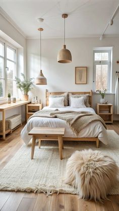 a bed room with a neatly made bed and two tables in front of the window