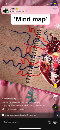 an open notebook with the words mind map written on it and a drawing of a heart