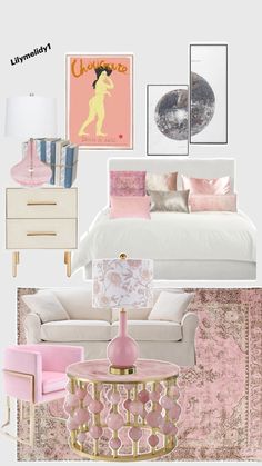 a bedroom with pink and gold decor on the walls, couches, lamps, and paintings