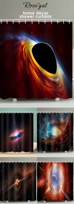 the space shower curtain set is shown in multiple colors and features an image of a black hole