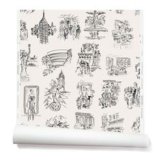 Partially unrolled wallpaper with black hand-drawn illustrations of New York City landmarks on a white background. Nyc Wallpaper, Wallpaper Studio, Handmade Wallpaper, New York Wallpaper, Nyc Print, York Wallpaper, Carpet Shops, Metallic Paper, Hand Sketch