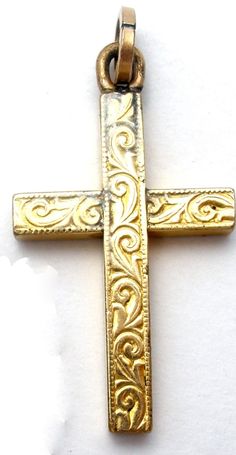 Antique Religious Jewelry - This is a gold filled etched Victorian cross pendant that is reversible and can be worn on either side. It is 1.1" (28mm) long, slightly over over .5" (15mm) wide. Gold Cross Jewelry With Large Pendant, Gold Brass Cross Jewelry, Nickel-free Gold Crucifix Jewelry, Nickel-free Gold Cross Necklace, Vintage Engraved Cross Necklace Gift, Gold Stamped Spiritual Jewelry, Gold Cross Necklace With Nickel-free Cross Pendant, Antique Gold Cross Pendant Jewelry, Gold Etched Jewelry For Commemoration