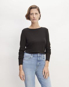 An elevated knit. The Merino TENCEL™ Relaxed Tee is a relaxed-fit lightweight knit with an elegant drape and a slightly wide crewneck, and shoulder seams that are slightly off the shoulder. Made with our light jersey knit blend of soft merino wool and TENCEL™ Lyocell with a touch of stretch, its silhouette is a little longer, making it a great layering piece to tuck-in or top pants, skirts, or shorts. Just add heels for instant elevation. Known for its lightness and versatility, TENCEL™ Lyoc Classic Relaxed Fit Knit Top For Spring, Classic Knit Top With Relaxed Fit For Spring, Relaxed Fit Boat Neck Tops For Fall, Effortless Crew Neck Tops For Fall, Fine Knit Crew Neck Top With Minimal Stretch, Casual Long Sleeve Crew Neck Top With Minimal Stretch, Sleek Fine Knit Tops For Fall, Classic Fine Knit Relaxed Fit Top, Classic Relaxed Fit Fine Knit Top