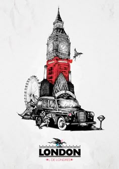 a black and white drawing of a car with london on the side, in front of a red clock tower