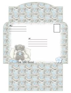 an envelope with a teddy bear on the front and back side, in light blue