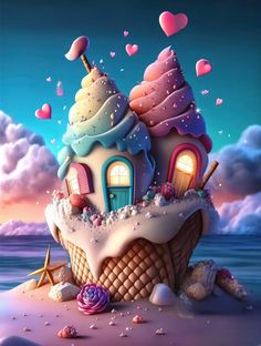 an ice cream sundae is in the air with hearts floating above it and on top