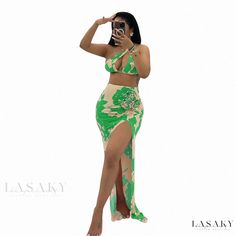 Lasaky - Floral Patterned Midi Skirt Green Stretch Skirt For Summer, Green Stretch Maxi Skirt For Summer, Two-piece Maxi Skirt For Beach Spring Season, Flowy Skirt Set For Summer Party, Trendy Summer Party Maxi Skirt, Spring Beach Two-piece Maxi Skirt, Summer Party Flowy Skirt Set, Two-piece Skirt For Beach Season Parties, Two-piece Party Skirt For Beach Season