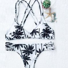 Trees Bikini Set Zaful Swimwear, White Bikinis, Palm Tree Print, Bra Styles, Swimwear Collection, Bathing Suit, Palm Trees