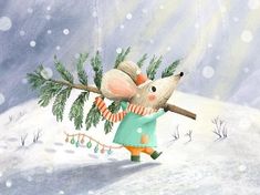 a painting of a mouse carrying a christmas tree in the snow with lights on it