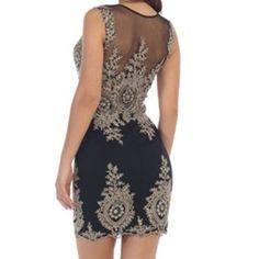 This Is A Sleeveless Black Dress With Golden Floral Embroidery Placed Around Different Sections Of The Dress. They Can Be Found In The Upper Half Of The Chest And Back Area As Well As All Around The Very Bottom. It Is Made Of 100% Polyester. The Second Image Depicts The Front Half Of The Black Dress; It Has Been Provided To Display The Dress Better. Elegant Sleeveless Embroidered Dress For Cocktail, Elegant Sleeveless Embroidered Cocktail Dress, Fitted Sleeveless Embroidered Dress For Evening, Sleeveless Fitted Embroidered Cocktail Dress, Elegant Fitted Sleeveless Embroidered Dress, Elegant Sleeveless Embroidered Evening Dress, Fitted Sleeveless Embroidered Mini Dress, Sleeveless Fitted Embroidered Mini Dress, Fitted Sleeveless Mini Dress With Floral Embroidery