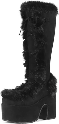 PRICES MAY VARY. [Measure]: Mid calf boots heel~13cm=5.1'' [High Quality]: Chunky platform boots upper material-faux suede leather(VEGAN), sole-rubber [Easy On/Off]: Warm fur winter boots with lace up and side zipper closure [Occasions]: Fur snow boots suitable for all occasions, such as Walking,Travel,Shopping,Office,Party,Date,Festival,Wedding,Daily wear,Cosplay,Riding,Indoor,Outdoor,Holiday,Spring,Summer,Autumn,Winter,Gift for Christmas, New Year [NOTE]: Please measure your foot length and wi Winter Grunge Outfits, Alt Shoes, Fur Snow Boots, Platform Boots Chunky, Black Thigh High, Punk Princess, Chunky High Heels, Platform Heels Chunky, Womens Mid Calf Boots