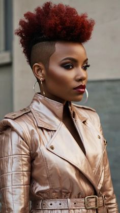 Fall Hair Colors for Black Women: The Ultimate Guide Red Short Natural Hair, Short Red Natural Hair, Copper And Burgundy Hair, Deep Red Hair Color, Red Afro, Deep Red Hair, Curly Mohawk, Shaved Side Hairstyles