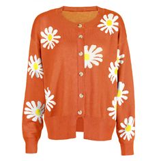 Orange Daisy Print Loose Style Knit Cardigan Brown Buttoned Cardigan For Spring, Spring Brown Sweater With Buttons, Spring Crew Neck Sweater With Buttons, Spring Crew Neck Soft Knit Cardigan, Spring Crew Neck Cardigan In Soft Knit, Spring Soft Knit Crew Neck Cardigan, Spring Soft Knit Cardigan With Crew Neck, Spring Knit Sweater With Buttons, Brown Knitted Cardigan For Spring