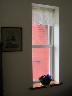 a bowl of blue flowers sitting on top of a window sill in front of a brick wall