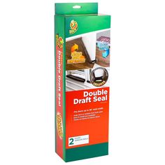 the packaging is green and has an orange stripe on it that says double draft seal