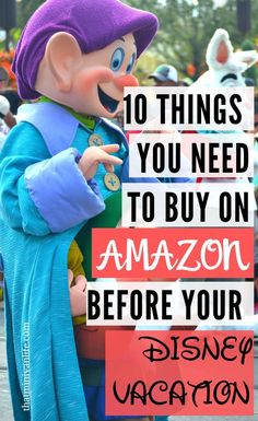 an animated character with the words 10 things you need to buy on amazon before your disney vacation