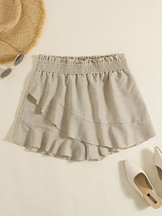 Solid Ruffle Wrap Hem Elastic High Waist Casual Shorts High Waist Cotton Ruffle Shorts, Comfortable High-waisted Shorts With Drawstring, High-waisted Cotton Skort With Ruffles, Vacation Ruffle High-waisted Shorts, High-waisted Cotton Shorts With Drawstring, Women Shorts, Trendy Shorts, Outfits For Women, Women's Wardrobe