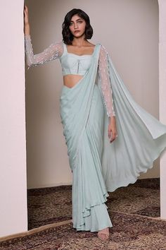 Mint crepe georgette pre-draped saree with pearls hand embellishments. Comes with a flat silk padded blouse. - Aza Fashions Fitted Silk Pre-draped Saree With Draped Sleeves, Fitted Silk Pre-draped Blouse, Wedding Blouse With Draped Sleeves And Fitted Style, Fitted Blouse Piece With Draped Sleeves For Reception, Fitted Blouse With Draped Sleeves For Wedding, Fitted Wedding Blouse With Draped Sleeves, Fitted Pre-draped Wedding Blouse Piece, Fitted Blouse With Draped Sleeves, Fitted Blouse With Cape Sleeves For Reception