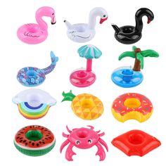 an assortment of inflatable toys including swimming floats, swim rings and flamingos