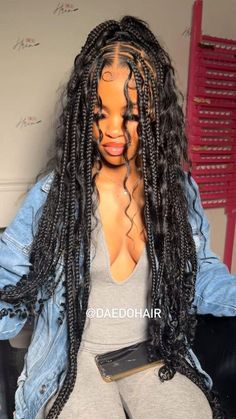 Jumbo Knotless Box Braids Bohemian, Womens Braided Hairstyles Black, Big Boho Braids Black Women, Medium Boho Braids Black Women, Big Braids Knotless, Bohemian Knotless Braids Hairstyles Ideas, Baddie Braiding Hairstyles, Long Knotless Goddess Braids, Knotless Braids Hairstyles Boho