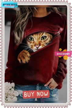 3d Zipper Cat Digital Print Round Neck Cat Sweater, Pullover Shirt, Streetwear Women, Cat Print, Pullover Sweatshirts, Printed Sweatshirts, Long Sleeve Pullover, Casual Outfit, A Cat