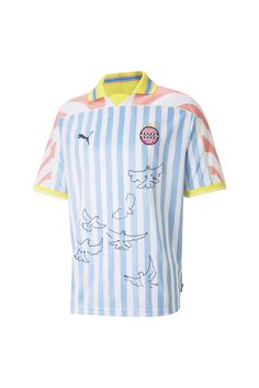 a blue and white striped shirt with drawings on the chest, short sleeves and collar