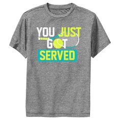 Go! Fight! Win! Celebrate your love for all things sports with exciting new sporty apparel for the whole family from Lost Gods Collective this season! This Boys' Lost Gods Got Served Tennis Graphic T-Shirt features a large graphic of the text: "You just got served," with a tennis ball replacing the letter 'o' and a tennis racquet in the background. Upgrade your fashion from JV to Varsity with one of these fun new styles from Lost Gods today and look like a winner! Sporty Athletic Heather T-shirt With Text Print, Sporty Athletic Heather T-shirt For Sports, Short Sleeve T-shirt For Sports Season, Short Sleeve T-shirt For Sports, Athleisure Tennis T-shirt With Graphic Print, Casual Moisture-wicking Tennis T-shirt, Casual Tennis T-shirt With Moisture-wicking, Gray Sports T-shirt With Graphic Print, Athletic Heather T-shirt With Graphic Print For Sports