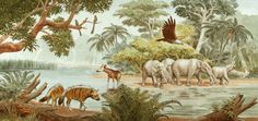 a painting of elephants and other animals in a jungle setting with water, trees, and birds