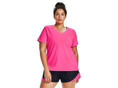 Under Armour Plus Size Tech Solid Short Sleeve V-Neck - Women's Clothing : Cerise/Metallic Silver : Crush your workout and keep it going in the Under Armour Plus Size Tech Solid Short Sleeve V-Neck. Moisture-wicking fabric will keep you dry through to the end. All Under Armour Apparel features a tagless design or tear-away tag with no left-over pieces. UA Tech fabric: • Lightweight poly in a supersoft knit. • Moisture Transport System provides quick-dry, moisture-wicking performance that moves p V-neck Go-dry Activewear For Sports, Pink V-neck Activewear For Workout, Under Armour Pink Activewear For Gym, Breathable V-neck Activewear For Workout, Moisture-wicking V-neck Activewear For Sports, Breathable V-neck Athleisure Activewear, Moisture-wicking V-neck Activewear For Workout, V-neck Athleisure Activewear For Workout, Pink V-neck Sporty Activewear