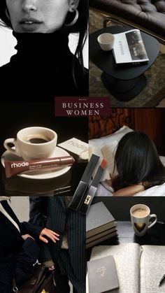 a collage of photos with coffee, books and other items