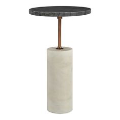 a white table with a black top and gold metal handle on the base, sitting in front of a white background