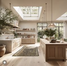 a large kitchen with wooden floors and skylights above the counter top, along with an area rug on the floor