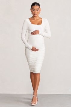 New Life White Maternity Square Neck Ruched Midi Dress – Club L London - USA White Maternity Dress, White Maternity Dresses, Club L London, White Cocktail Dress, Strappy Stilettos, Pre Pregnancy, Ruched Midi Dress, Perfect Baby Shower, Maternity Dress