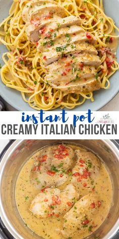 two pictures showing different types of pasta with chicken in cream sauce and an image of the same