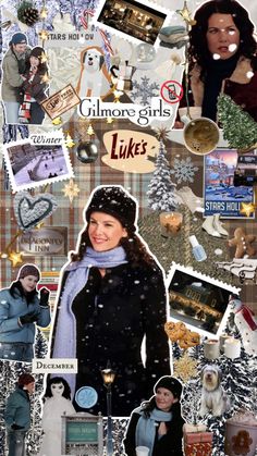 a collage of photos with women in winter clothes and snowflakes on them