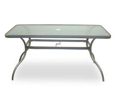 a glass table with metal legs on a white background and no people around it,