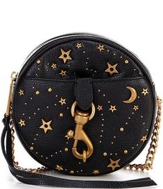 REBECCA MINKOFF Edie Circle Celestial Stud Leather Crossbody Bag | Dillard's Rebecca Minkoff Celestial, Circle Crossbody Bag, Celestial Handbag, Rebecca Minkoff Handbags, Circle Bag, Studded Bag, Antique Brass Hardware, Rebecca Minkoff Bag, Black Leather Crossbody Bag