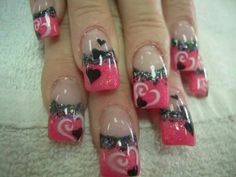 Valentines acrylic nails Nails Design Valentines, Valentines Acrylic Nails, Leo Nails, Rockabilly Nails, Shellac Designs, Deer Nails, Rockstar Nails, Fairy Nails