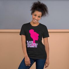 Black, Beautiful, Dynamite Unisex t-shirt, Pink Fan T-Shirt gift, Pink Lover's Gift, Black Barbie Fan Youth Short Sleeve T-Shirt T-shirts are a dime a dozen, but this one stands out from the pack. It's super soft, breathable, and has just the right amount of stretch. Need we say more? * 100% combed and ring-spun cotton (Heather colors contain polyester) * Fabric weight: 4.2 oz/yd² (142 g/m²) * Pre-shrunk fabric * Side-seamed construction * Shoulder-to-shoulder taping * Blank product sourced from Pink Fan, Black Fathers, Ribbon Shirt, Fall Tee, Valentine T Shirts, Black Barbie, Tops Fall, Love T Shirt, Pink Shirt