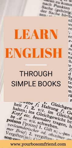 an open book with the words learn english through simple books on it and in orange