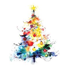 a watercolor painting of a christmas tree with ornaments on the top and colorful paint splatters all around it