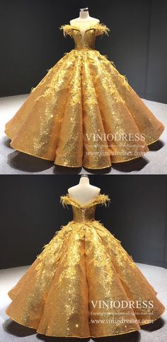 Golden Wedding Dress, Gold Ball Gown, Prom Dress Gold, Sequin Ball Gown, Sweet 15 Dresses, Red Ball Gown, One Shoulder Prom Dress, V Neck Prom Dresses, Sequin Appliques