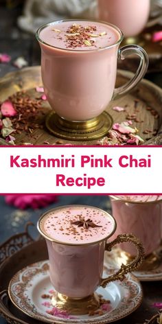 two cups filled with pink chai sitting on top of a plate next to each other