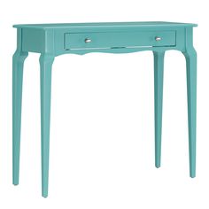 a small blue table with two drawers on one side and an open drawer on the other