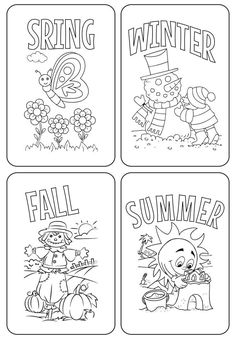 four coloring pages with the words spring, fall and winter