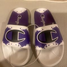 Kids Brand New White/Purple And Black Champion Slides Champion Slides, Champion Shoes, Kill Bill, Shoes Color, Shoes Brand, Sandals Flip Flops, Kids Branding, New Kids, Flip Flop Sandals