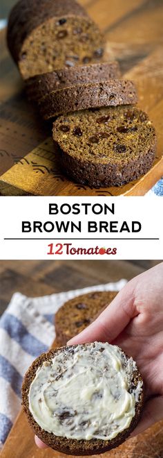 boston brown bread with cream cheese on top and in the background, there is a hand holding a piece of bread