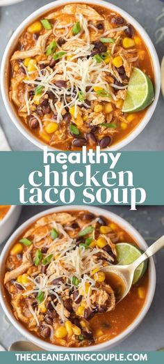 two bowls filled with healthy chicken taco soup