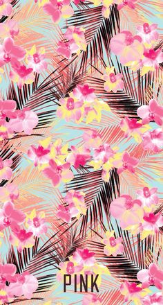 pink and yellow flowers on a blue background with palm leaf leaves in the foreground