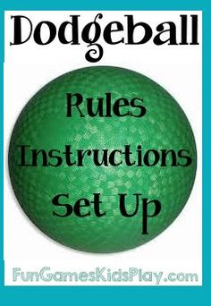 a green ball with the words dodgeball rules instructions set up on it and an image of